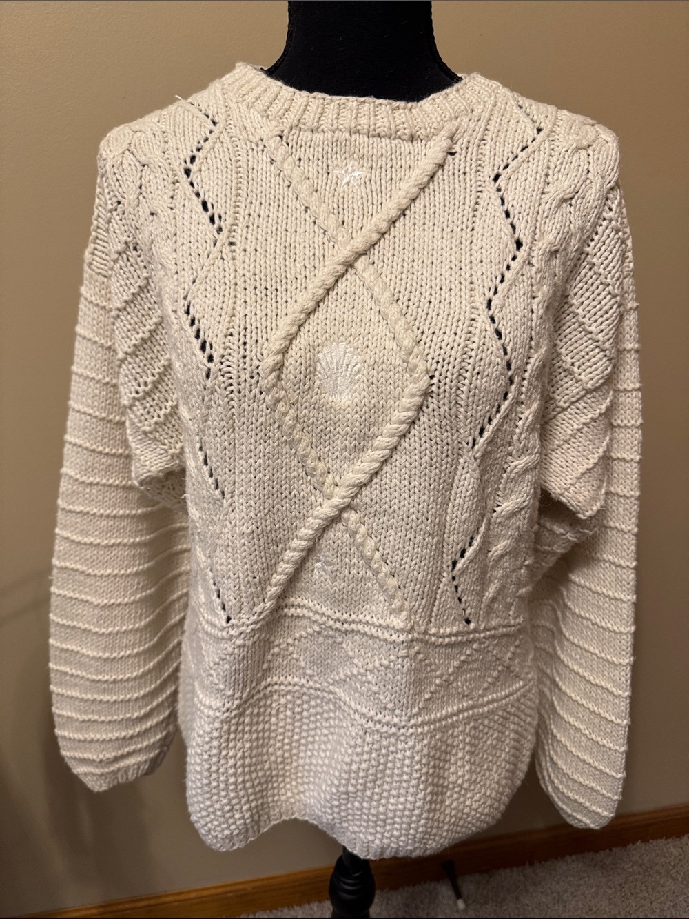 Cream Cable-Knit Crewneck Sweater